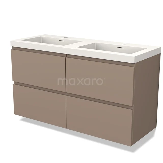 Bruin wastafelmeubel met dubbele wastafel, strakke vormgeving, ideaal voor modern badkamerdesign.
