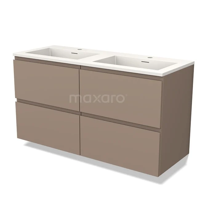 Moderne beige badkamermeubel met dubbele wastafel, vier lades en strakke afwerking voor een stijlvolle badkamer.
