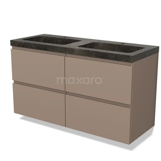 Beige badkamermeubel met dubbele zwarte wastafel, strakke lades en modern design, perfect voor stijlvolle badkameropslag.