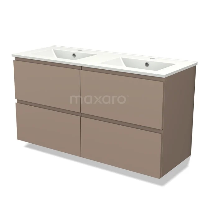 Beige dubbel wastafelmeubel met vier lades, moderne uitstraling, ideaal voor een stijlvolle badkamer inrichting.