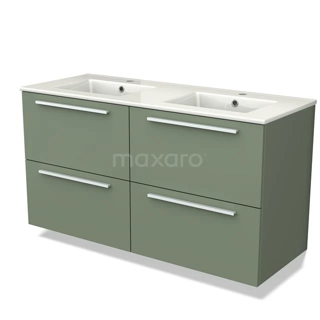 Green double vanity unit with four drawers and white ceramic sink, ideal for a modern bathroom style.