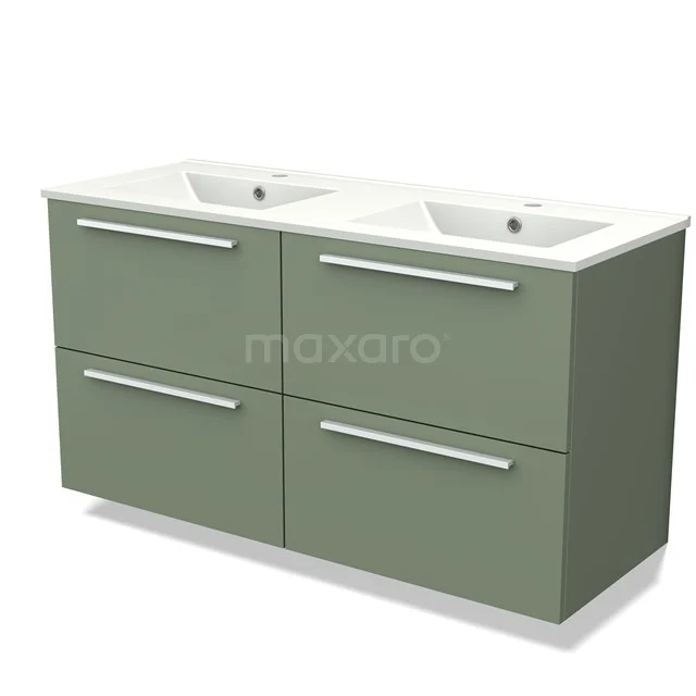 Green double vanity unit with white ceramic sink, four drawers and sleek handles, ideal for modern bathrooms.