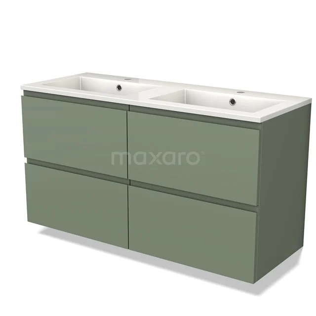 Green double basin base cabinet with sleek drawers, including white ceramic basin, perfect for a modern bathroom.