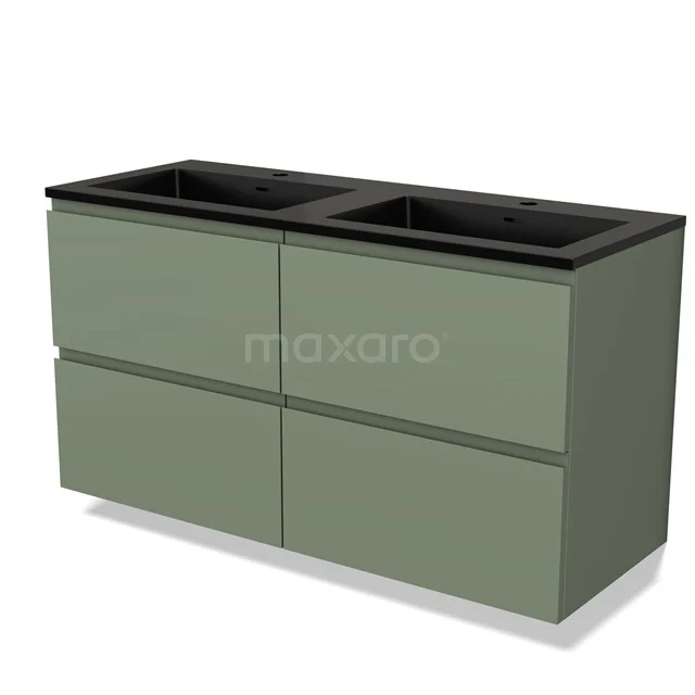 Grüner Badschrank mit doppelter Schwarz Waschtischplatte, modernes Design, Push-to-Open Schubladen, ideal für ein geräumiges Badezimmer.