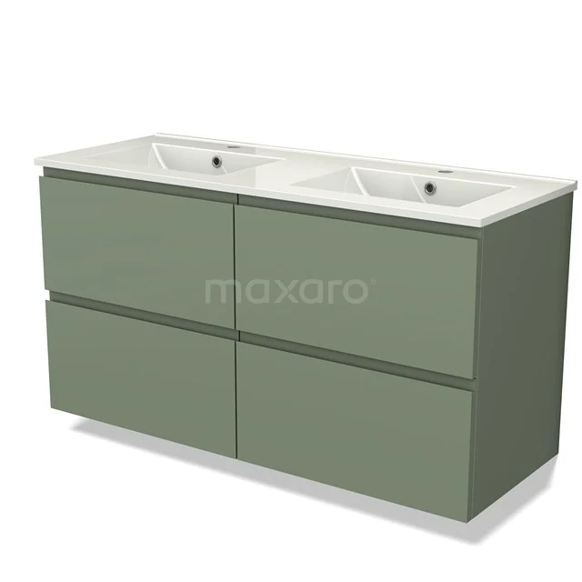 Groen badkamermeubel met dubbele wastafel, strak design, vier lades, perfect voor moderne badkamers.