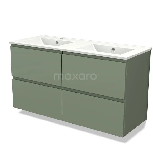 Groene dubbele wastafelmeubel met vier lades, witte keramische wasbakken, ideaal voor een moderne badkamerstijl.