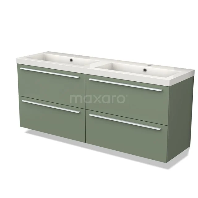 Groene dubbel wastafelmeubel met vier lades, modern badkamerdesign, duurzaam MDF materiaal en matte afwerking.