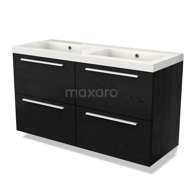 Zwarte dubbele wastafelmeubel met witte keramieken wasbak, moderne stijl, perfect voor een strakke badkamerinrichting.