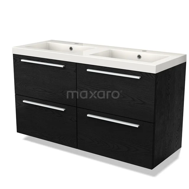Zwarte tweepersoons wastafelmeubel met dubbele wastafel, moderne look en strak ontwerp, ideaal voor badkameropslag.