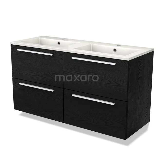Zwarte badmeubel met dubbele witte wastafel, strakke handgrepen en moderne uitstraling, ideaal voor een stijlvolle badkamer.