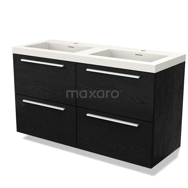 Black double vanity unit with white ceramic sink, four drawers and sleek metal handles, modern bathroom design.