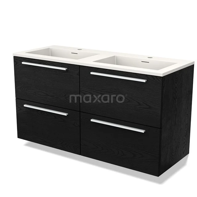 Zwarte houten badkamermeubel met dubbele wastafel, vier lades en moderne chroomkleurige handgrepen.