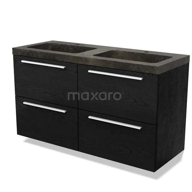 Zwarte houten badkamermeubel met dubbele wastafel, vier lades en chromen handgrepen, ideaal voor een moderne badkamer.