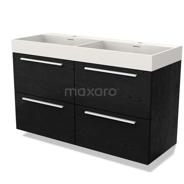 Dubbel wastafelmeubel zwart houtlook, vier lades, moderne uitstraling, ideaal als stijlvolle opberger in de badkamer.