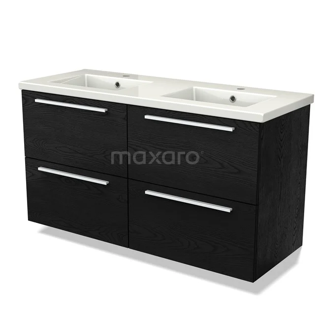 Modulo Bathroom furniture with sink | 120 cm Black oak Flat front Ceramic 4 drawers BMW18-00971 Black double vanity unit with wood look, four drawers and ceramic sinks; modern bathroom design.