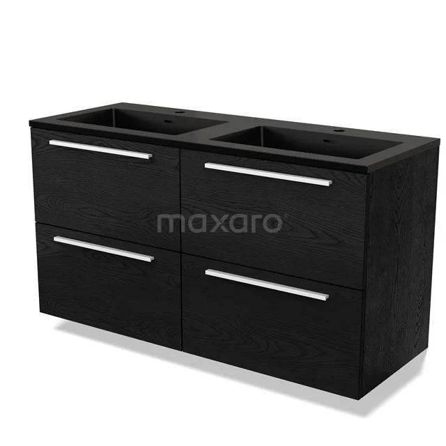 Schwarzes Holz-Badezimmermöbel mit Doppelwaschbecken, vier Schubladen und modernen silberfarbenen Haltegriffen, schlichtes und zeitloses Design.