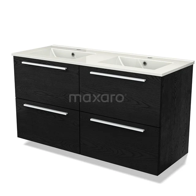 Zwart houten badkamermeubel met dubbele witte wastafel, vier lades en chromen handgrepen, ideaal voor moderne badkamers.
