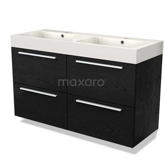 Double basin black bathroom furniture set with modern basins, sleek handles and spacious drawers for extra storage space.