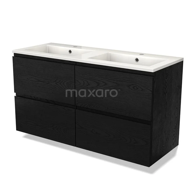 Black bathroom furniture set with double basin, modern straight design shape and wood-grain finish for luxurious look.