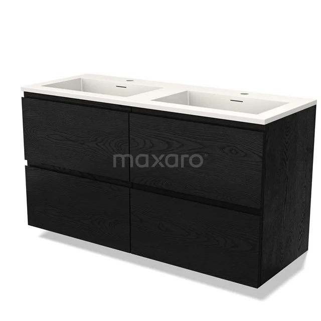 Zwarte houten badkamermeubel met dubbele wastafel, modern design en diepe lades voor georganiseerde opbergruimte.