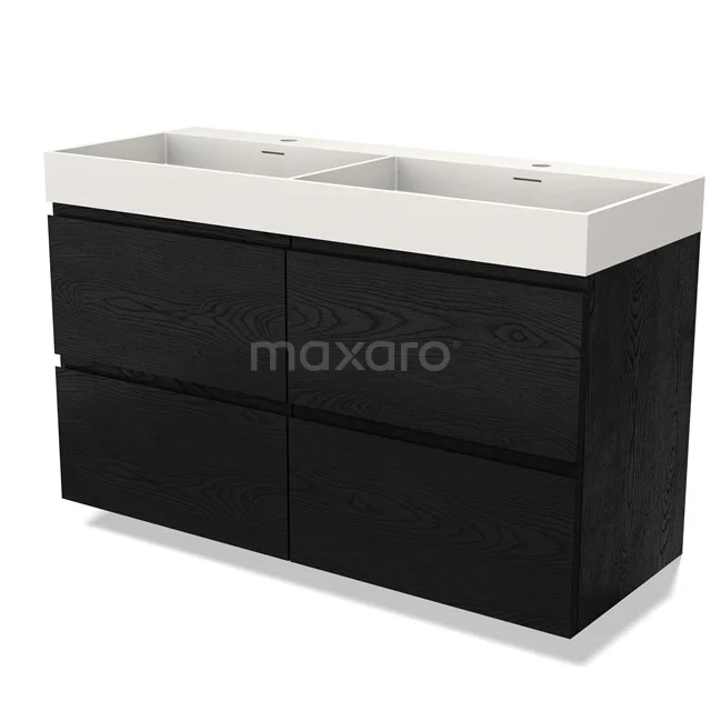 Modulo Bathroom furniture with sink | 120 cm Black oak Handle-less front Solid surface 4 drawers BMW18-00984 Double vanity unit, black wood-look with white ceramic basin, ideal for stylish bathroom spaces.