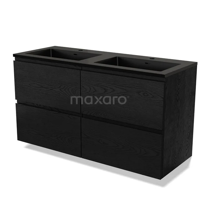 Zwart houten badkamermeubel met dubbele wastafel, strakke lijnen en vier lades voor optimale opbergruimte in de badkamer.