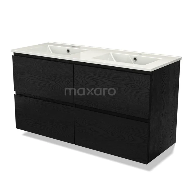 Black double basin base cabinet with drawers, modern design, combined with white ceramic sink, ideal for the bathroom.
