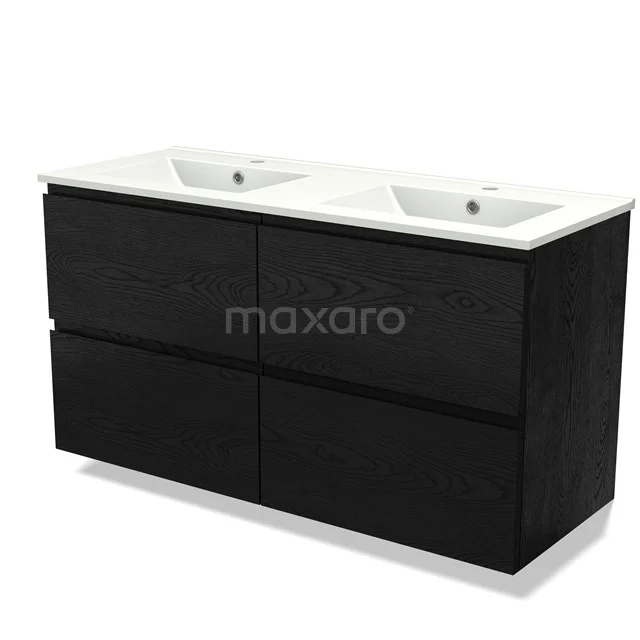 Zwart houten badkamermeubel met dubbele wastafel, strak design, geschikt voor moderne badkamers.
