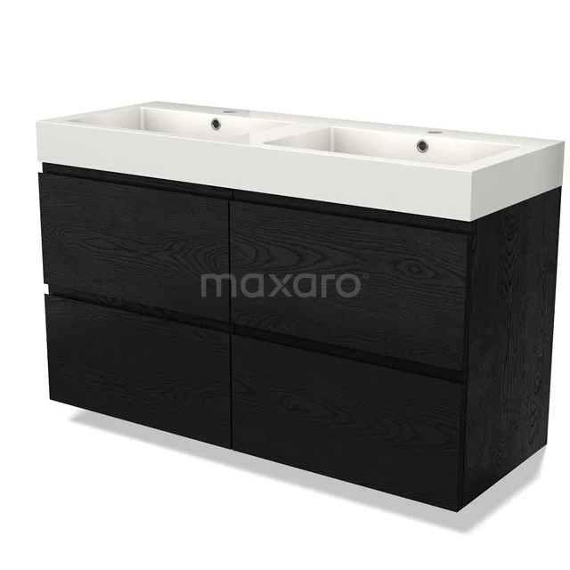 Zwarte badkamermeubelset met dubbele wastafel, mat houtlook, modern design en ruime opberglades.