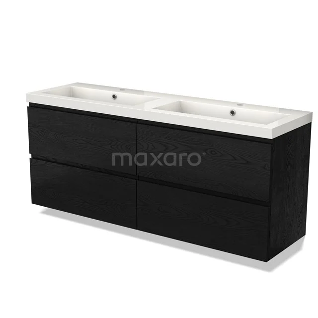 Black double basin base cabinet with white ceramic bowls, sleek design, ideal for modern bathroom design.