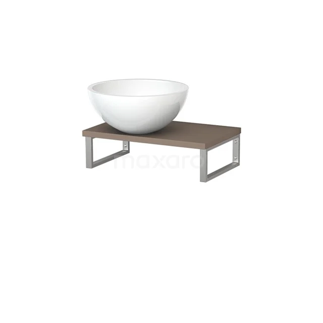 Witte wastafelkom op een houten plank met metalen poten, modern badkamerdesign en praktisch voor stijlvolle interieurinrichting.