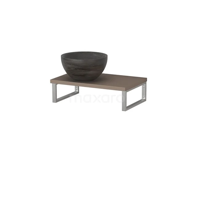 Modulo Pico Waschtischplatte mit Aufsatzwaschbecken | 41 cm Taupe Blaustein Naturstein TMK01-00570 Waschbecken-Set Schwarz Keramik auf Holzregal mit Metallrahmen, modernes Badezimmeraccessoire für eine minimalistische Einrichtung.