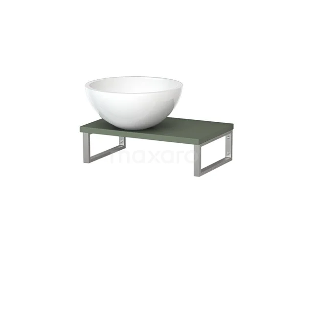 Modulo Pico Waschtischplatte mit Aufsatzwaschbecken | 41 cm Salbeigrün Hochglanz Weiß Mineralguss TMK01-00576 Weiße runde Aufsatzwaschbecken auf einer rechteckigen grünen Natursteine Badezimmerablage mit Metallrahmen, modernes Design.