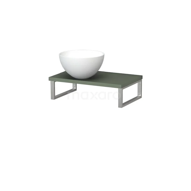 Aufsatzwaschbecken-Set mit weißem rundem keramischen Aufsatzwaschbecken und grünem Holzregal mit Metallrahmen, perfekt für ein modernes Badezimmer.