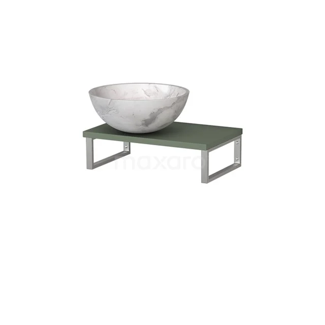 Runde weiße Marmor-Waschbecken-Schüssel auf einem modernen grünen Holztablett mit Stahlbeinen, ideal für ein stilvolles Badezimmer.