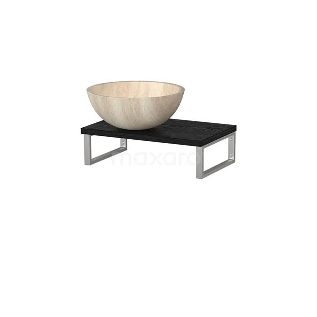 Holz Waschbeckenplatte Schwarz mit Natursteine Aufsatzwaschbecken, modernes Badezimmerdesign mit Metallstützen.