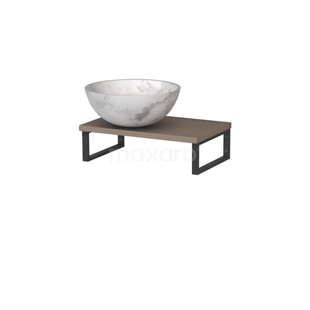 Modulo Pico Waschtischplatte mit Aufsatzwaschbecken | 41 cm Taupe Weißer Marmor Naturstein TMK01-00605 Waschbeckenplatte Holz mit schwarzen Metallstützen und weißem runden Marmoraufsatzwaschbecken, modernes Badezimmerdesign.
