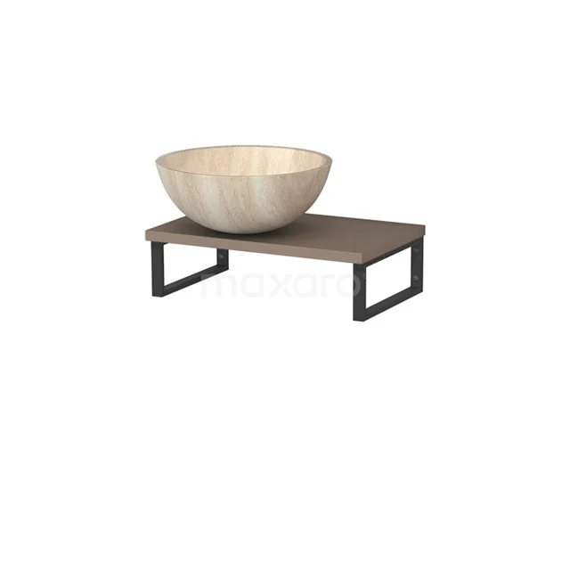 Hölzernes Aufsatzwaschbecken auf dunkelbraunem Waschbeckenblatt mit schwarzen Metallbeinen, modernes Design für stilvolle Badezimmergestaltung.