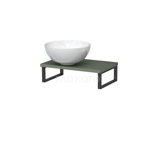 Modulo Pico Waschtischplatte mit Aufsatzwaschbecken | 41 cm Salbeigrün Hochglanz Weiß Keramik TMK01-00611 Waschbecken-Kombination mit weißem keramischen Aufsatzwaschbecken und olivgrünem Holzplatte auf schwarzem Metallrahmen, ideal für moderne Bäder.