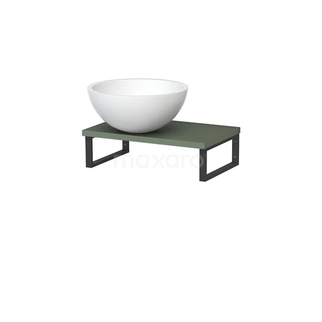 Weiße Keramikschale auf grünem Regal mit schwarzem Metallrahmen; stilvolles Waschbecken für moderne Bäder.