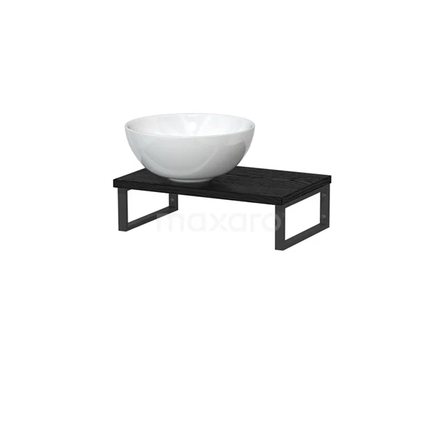 Modulo Pico Waschtischplatte mit Aufsatzwaschbecken | 41 cm Schwarze Eiche Hochglanz Weiß Keramik TMK01-00624 Weiße keramische Aufsatzwaschbecken auf einem mattschwarzen Metallregal, ideal als stilvolles Waschbecken für das moderne Badezimmer.