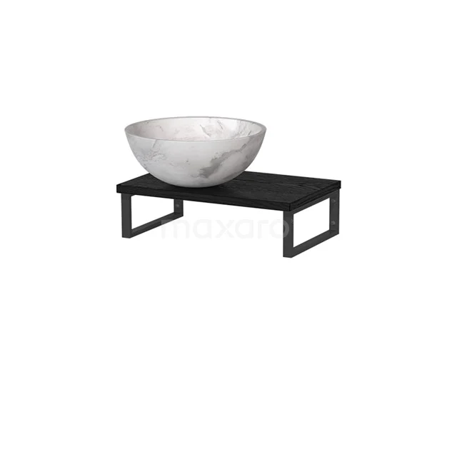 Modulo Pico Waschtischplatte mit Aufsatzwaschbecken | 41 cm Schwarze Eiche Weißer Marmor Naturstein TMK01-00631 Weiße Marmor Aufsatzwaschbecken auf schwarzem Metall Badschrank, modernes Design, ideal für eine stilvolle Badezimmergestaltung.