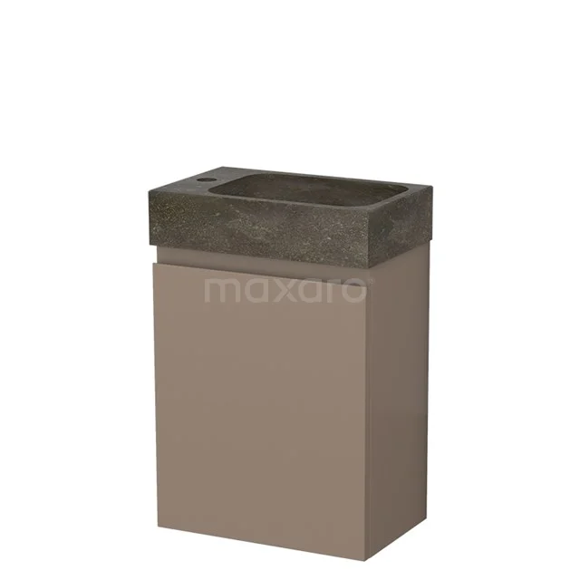 Kompakte freistehende Waschbecken, rechteckig, Taupe Schrank mit dunkelgrauer Betontop; ideal für moderne Bäder.