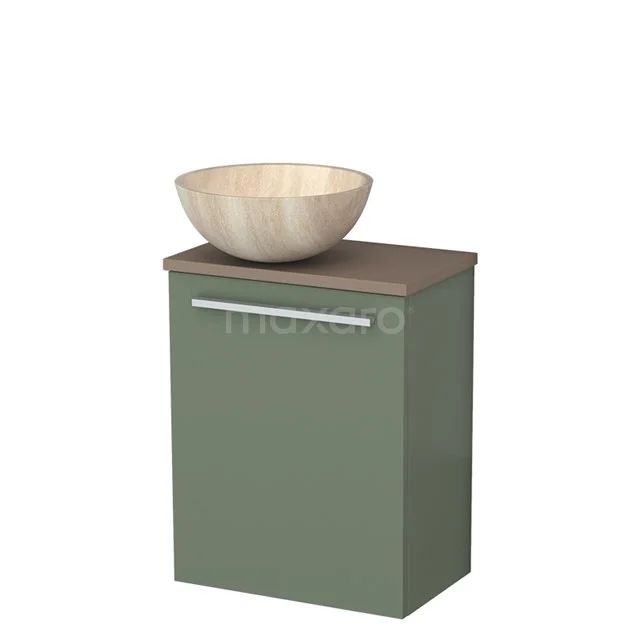 Toiletmeubel met waskom | 41 cm Saliegroen Vlak front Travertin Natuursteen waskom Taupe blad TMK10-12405