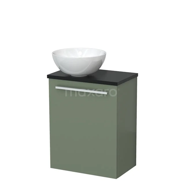 Toiletmeubel met waskom | 41 cm Saliegroen Vlak front Hoogglans wit Keramiek waskom Mat zwart blad TMK10-12410