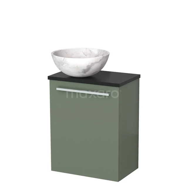 Toiletmeubel met waskom | 41 cm Saliegroen Vlak front Wit marmer Natuursteen waskom Mat zwart blad TMK10-12417