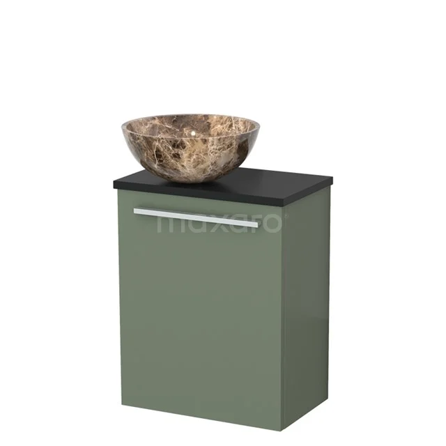 WC-Möbel mit Aufsatzwaschbecken | 41 cm Salbeigrün Glatte Front Dark emperador Aufsatzwaschbecken aus Naturstein Matt Schwarz TMK10-12419 Grüner Badschrank mit schwarzer Oberseite und ovalem Naturstein Aufsatzwaschbecken, ideal für moderne Badezimmerstile.