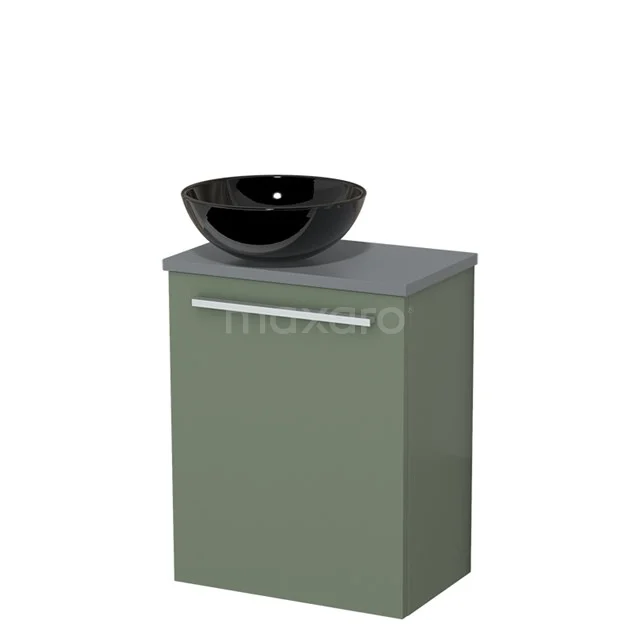 Toilet unit with wash basin | 41 cm Sage green Flat front High-gloss black Ceramic countertop wash basin Mid grey worktop TMK10-12424