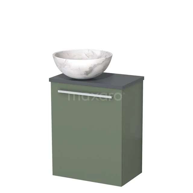WC-Möbel mit Aufsatzwaschbecken | 41 cm Salbeigrün Glatte Front Weißer Marmor Aufsatzwaschbecken aus Naturstein Dunkelgrau Platte TMK10-12469 Grüner Badschrank mit dunkler Waschtischplatte und weißem Marmor Aufsatzwaschbecken, modernes Design und schlichter Metall Haltegriff.