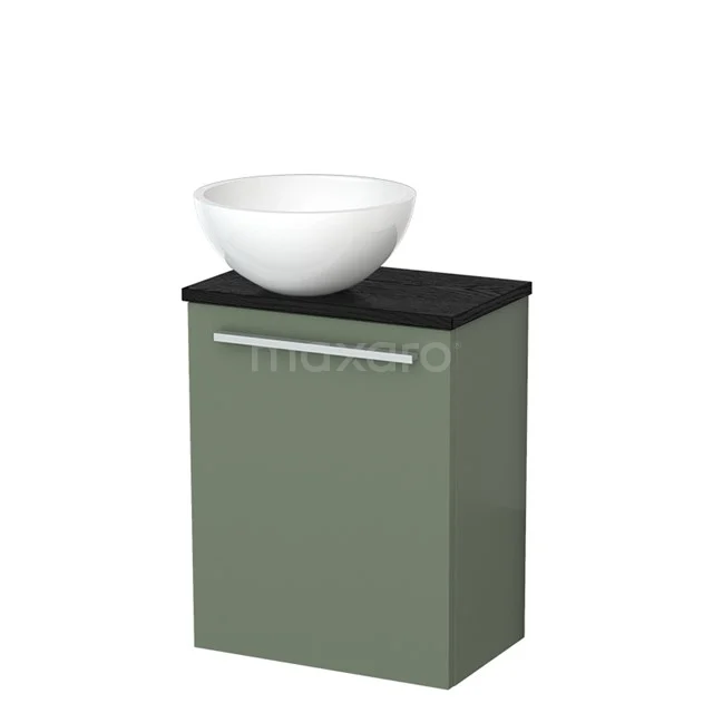 Grüner Badschrank mit Waschbecken, schwarzer Platte und weißer schalenförmiger Waschbecken; stilvolle Aufbewahrungslösung für das moderne Badezimmer.